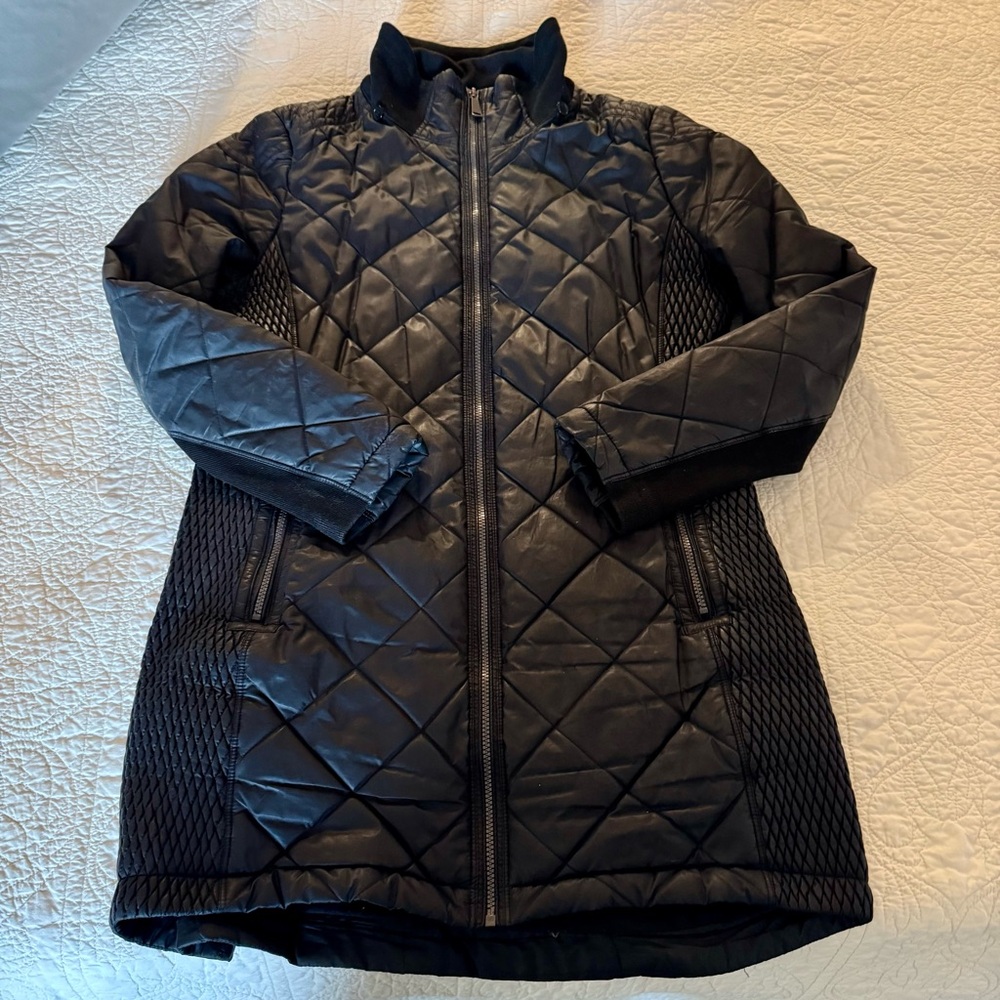 Saks Fifth Avenue Shaped Black Quilted Car Coat Detachable Hood Size Large